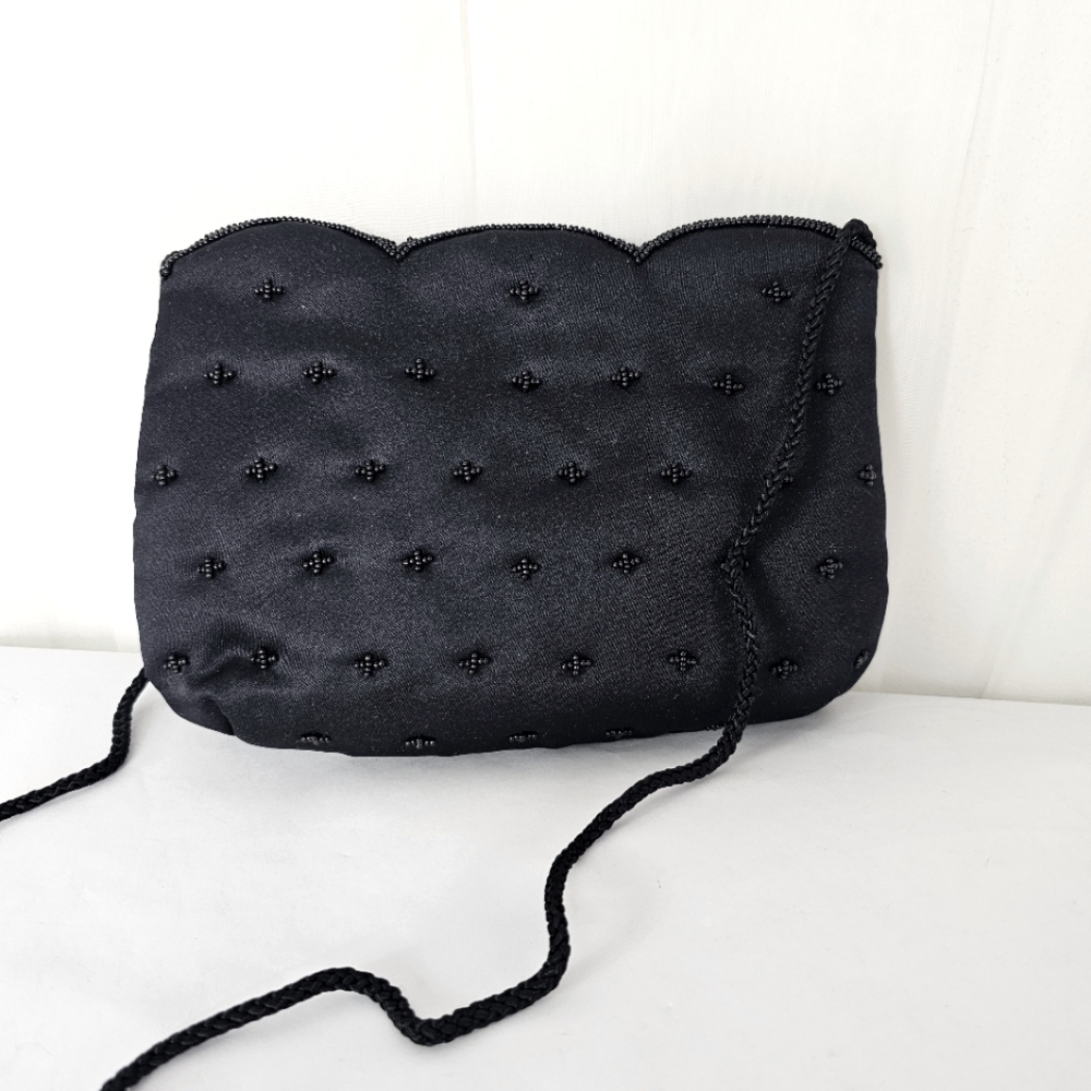 Vintage Genie black satin beaded evening bag with shoulder strap